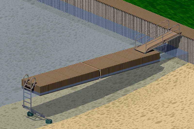 Floating dock with stabilizer hardware on a river