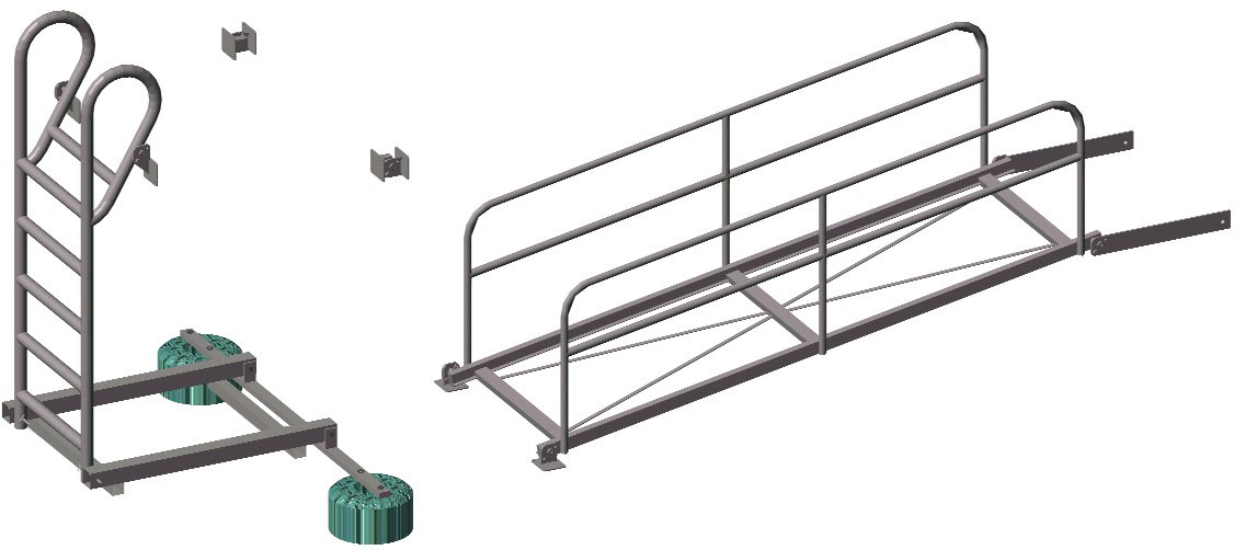 Floating dock with stabilizer hardware on a river