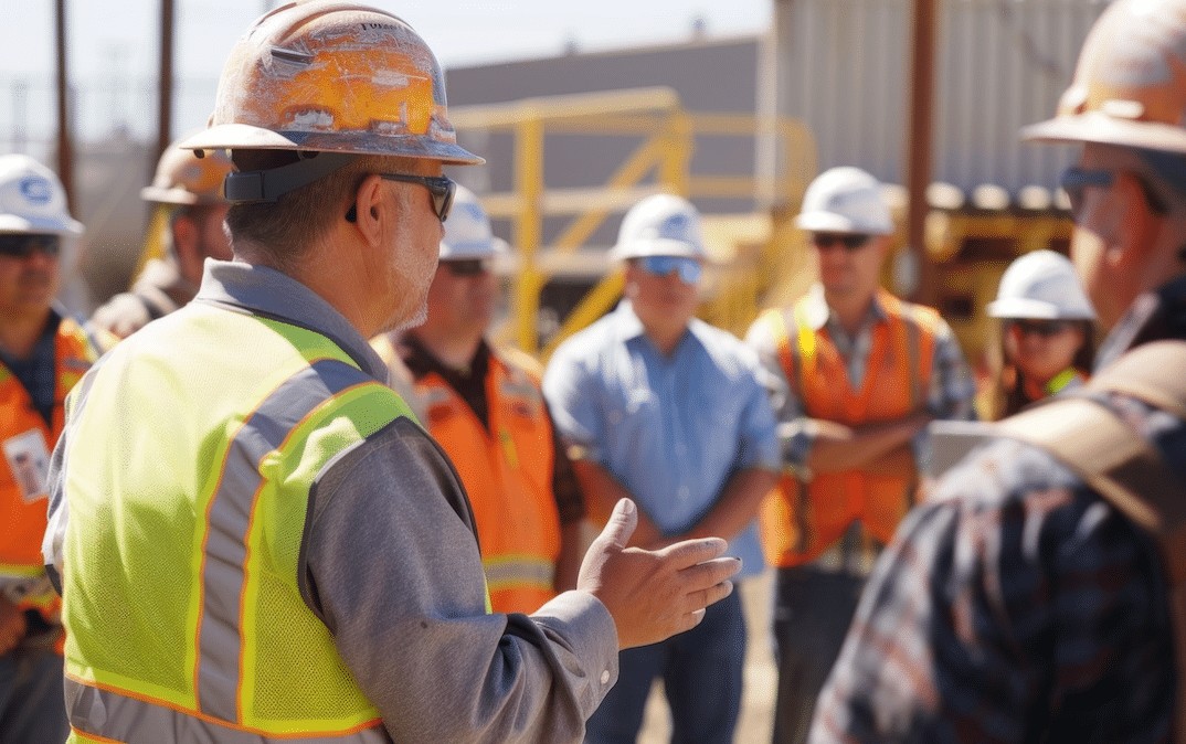 Team leader reviewing safety dashboard with crew